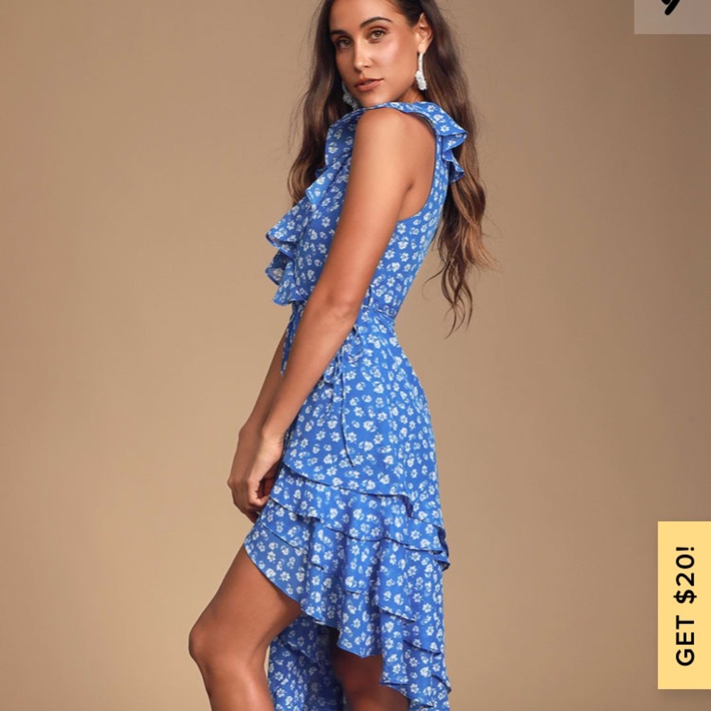 Royal Blue Floral Print Ruffled Wrap Midi Dress